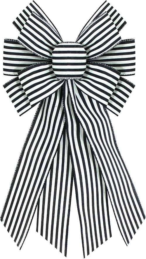 Black White Burlap Wreath Bow - 20 x 11 Inches | Stylish Striped Ribbon for Home Decor & Front Door