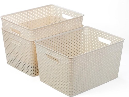 BINO Plastic Storage Baskets - 33 Liter | 3 Pack Natural Woven Baskets for Organizing Shelves