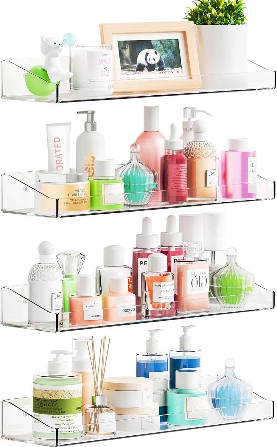 Yieach 4-Pack Adhesive Clear Shower Shelves - No Drill Acrylic Wall Caddy for Makeup & Shampoo Storage