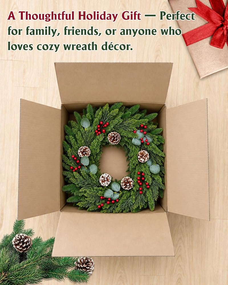 24-Inch Real Touch Pine Wreath with Red Berries & Cones — Indoor/Outdoor Holiday Decor
