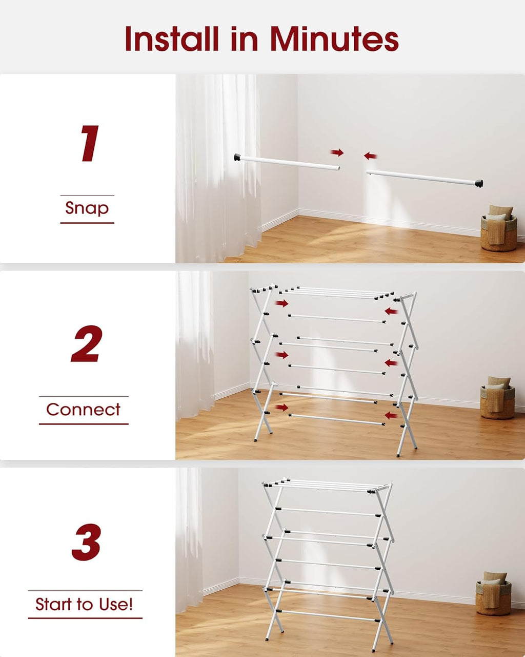 Sakugi Foldable Clothes Drying Rack - Space-Saving 3-Tier Metal Laundry Rack for Indoor & Outdoor Use | 11.4"D x 29.1"W x 37.4"H, White & Black
