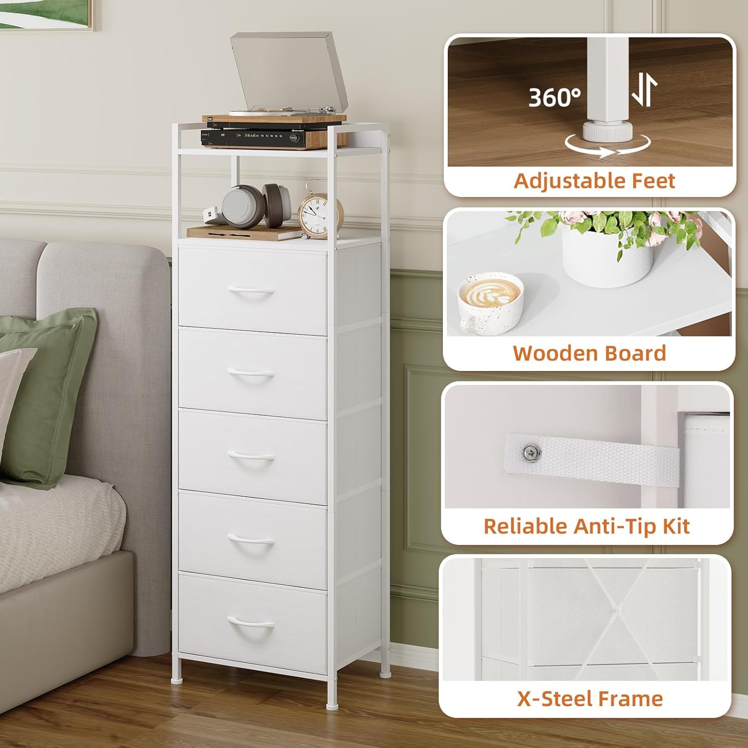 Somdot Tall Dresser - 5-Drawer Vertical Storage Tower Unit for Bedroom & Kids Room - White Leather