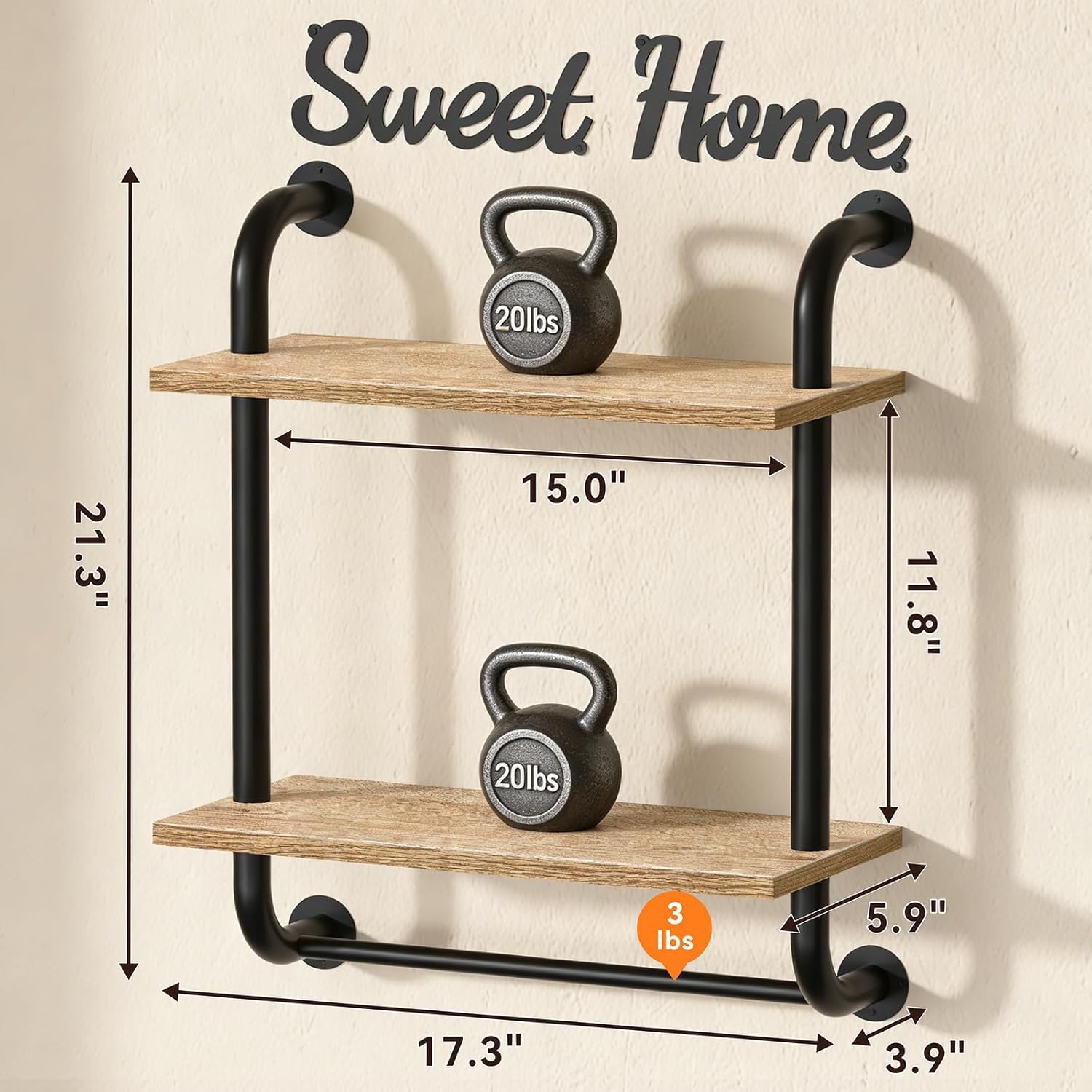 Tinpin Rustic Farmhouse Wall-Mounted Bathroom Shelves - 2-Tier Industrial Floating Shelf Decor | 17.3 Inch