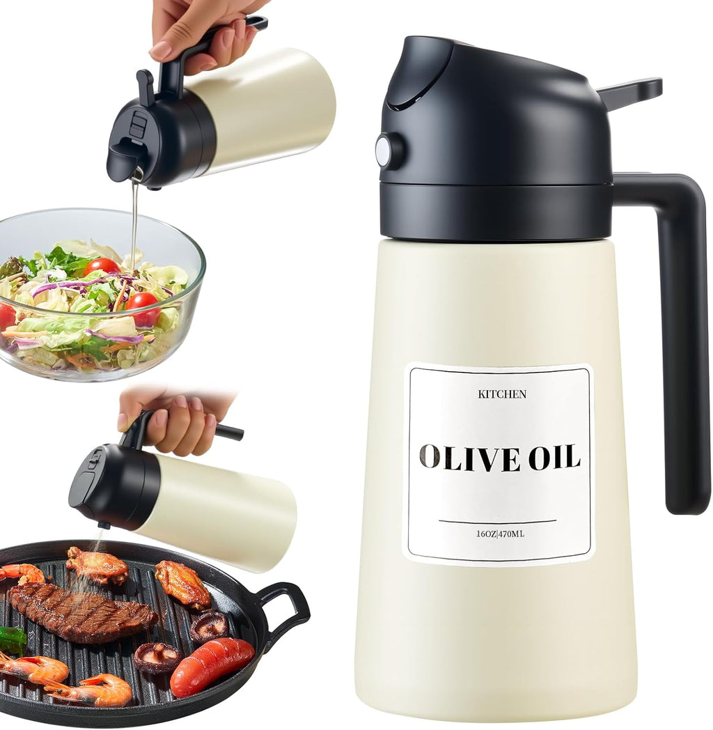 Baalaka Olive Oil Sprayer - 2-in-1 Dispenser & Sprayer for Cooking | Stainless Steel, 16oz (Black)
