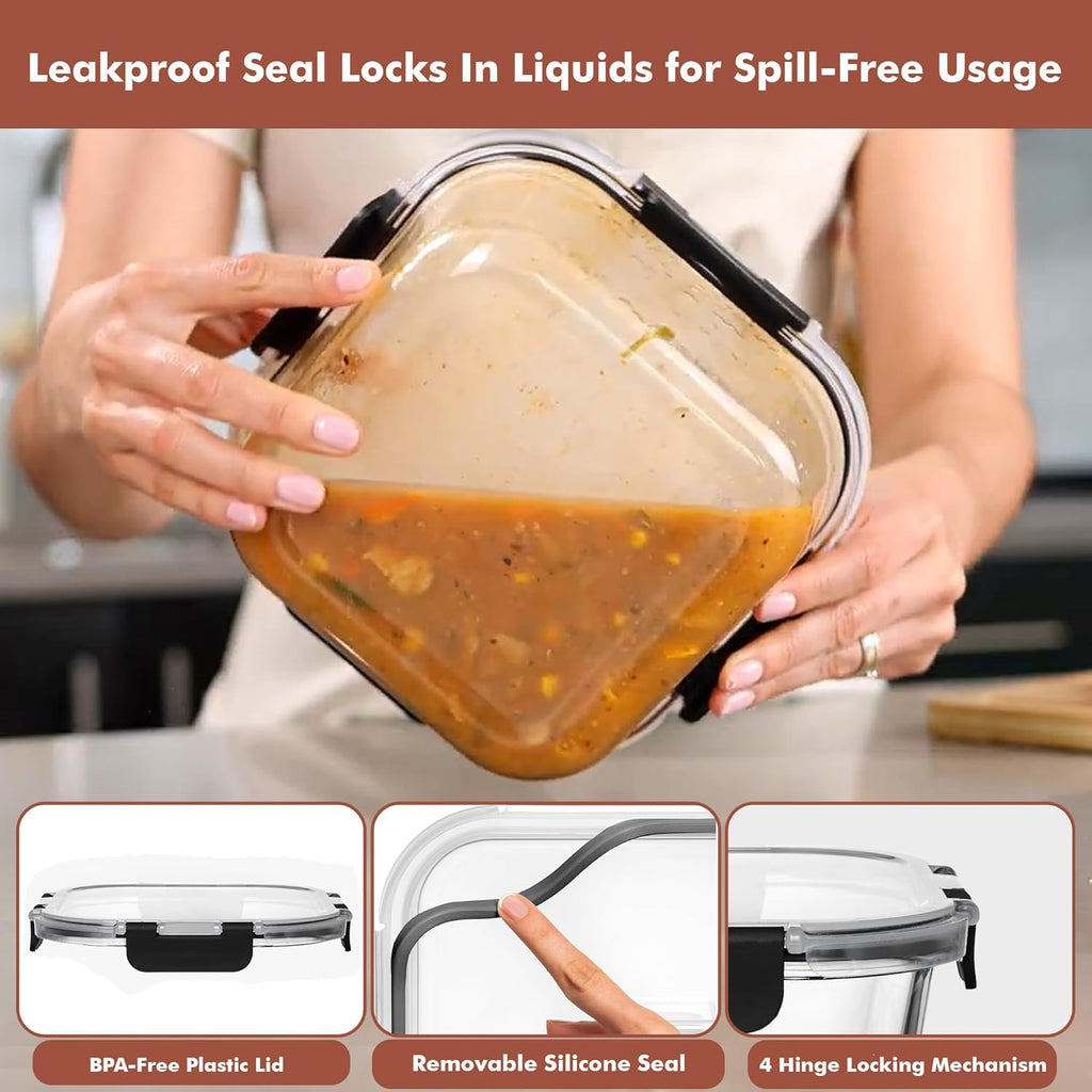Razab Glass Food Storage Containers - 1200ML Airtight & Leakproof | Microwave, Oven, Freezer Safe, BPA Free