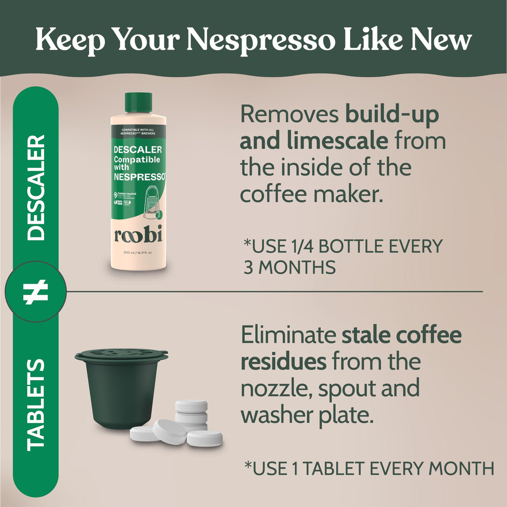 Roobi Descaling and Cleaning Kit Compatible with Nespresso Originaline. Includes 1 Bottle of Descaling Solution, 12 Cleaning Tablets and 1 Reusable Pod. Carbon Neutral. 1 Year Supply.