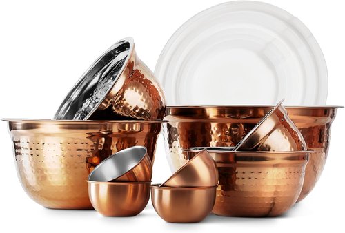 Cook With Color 18-Piece Mixing Bowls Set - Handcrafted Stainless Steel with Airtight Lids | Copper Hammered Finish