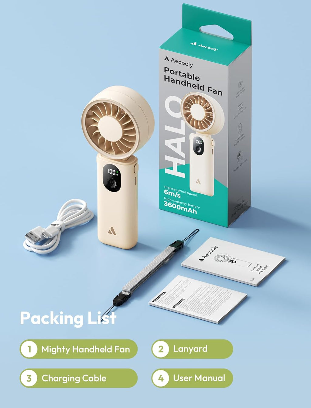 Aecooly Portable Handheld Fan - 20H Max Cooling Time | 5 Speed Settings | USB Rechargeable - Beige