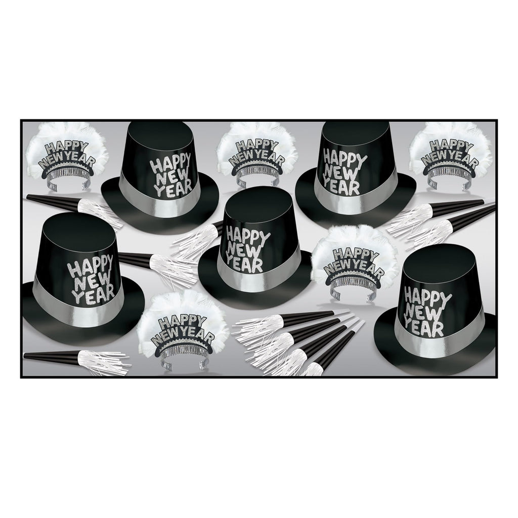 Beistle Tuxedo-Nite New Years Eve Party Assortment for 10 People- NYE Glittered Top Hats, Feathered Tiaras, Tassel Horns, Made in USA Since 1900