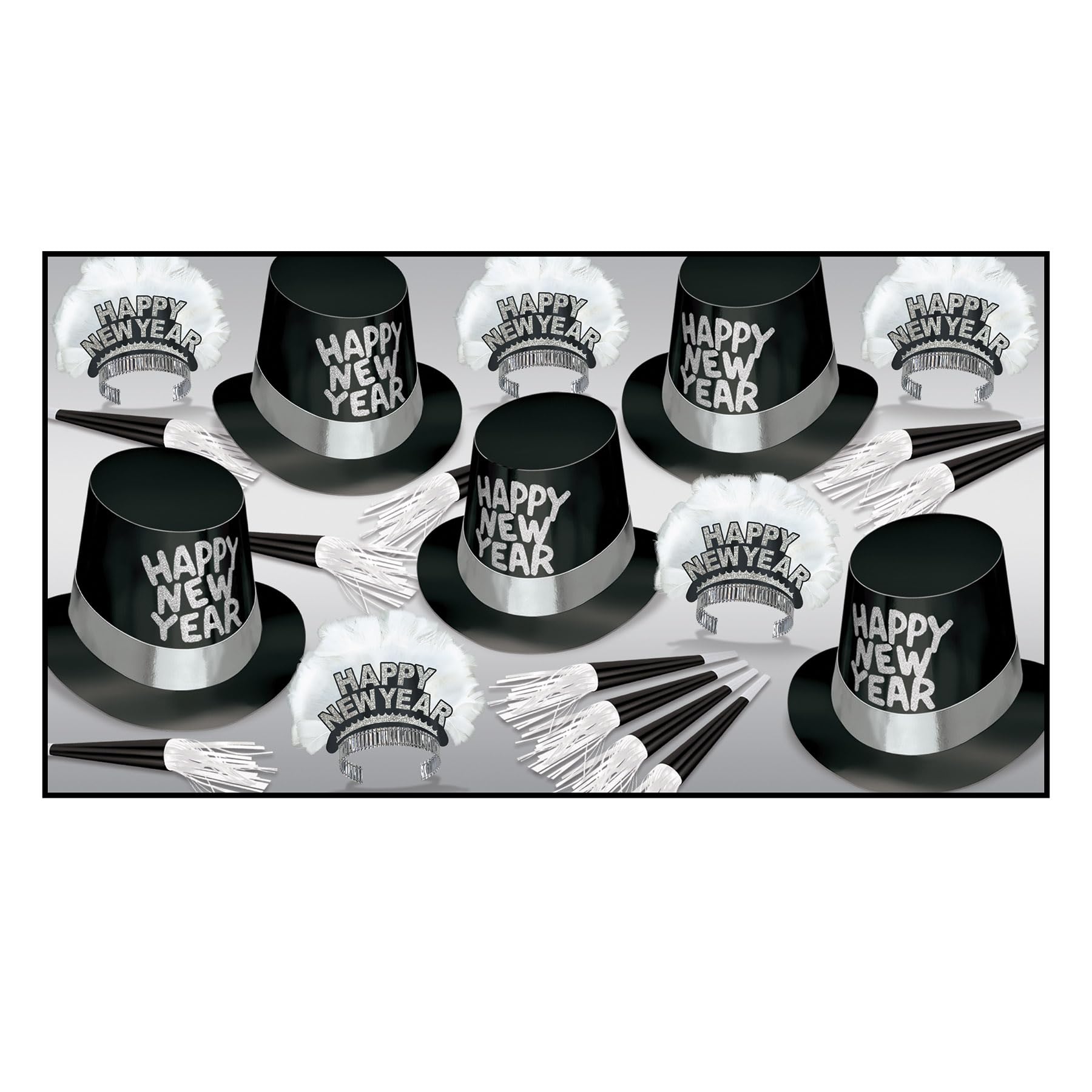 Beistle Tuxedo-Nite New Years Eve Party Assortment for 10 People- NYE Glittered Top Hats, Feathered Tiaras, Tassel Horns, Made in USA Since 1900
