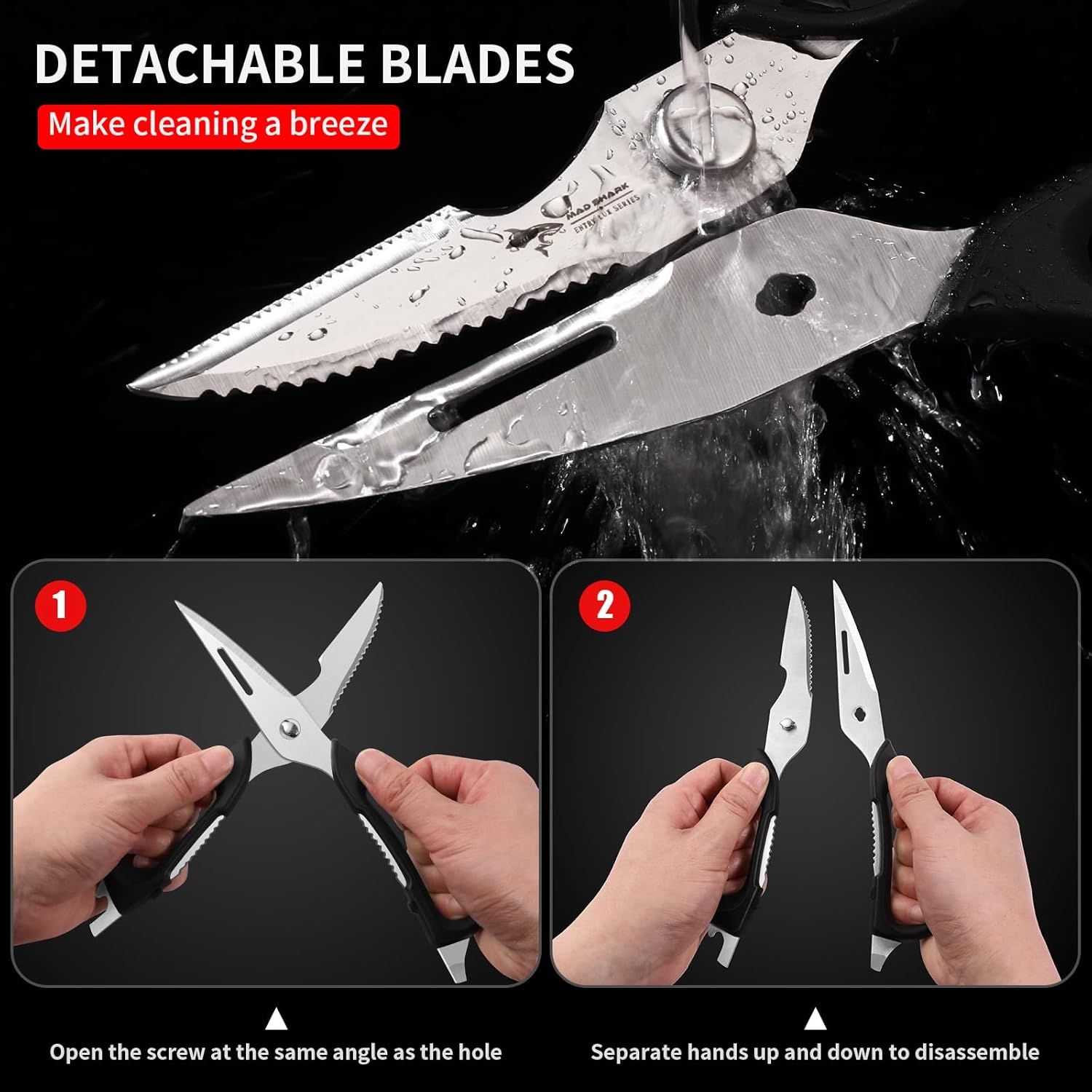 MAD SHARK Kitchen Scissors - Heavy Duty Stainless Steel Shears with Comfort Grip | Dishwasher Safe, Black