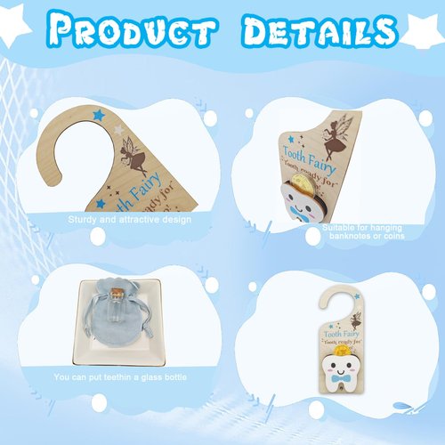 Tooth Fairy Tooth Bag, Tooth Fairy Door Hanger with Tooth Fairy Coin, Money Slot, Keepsake Bottle, Velvet Pouch, Tooth Fairy Box - Encouragement Gift for Boys and Girls Losing Teeth