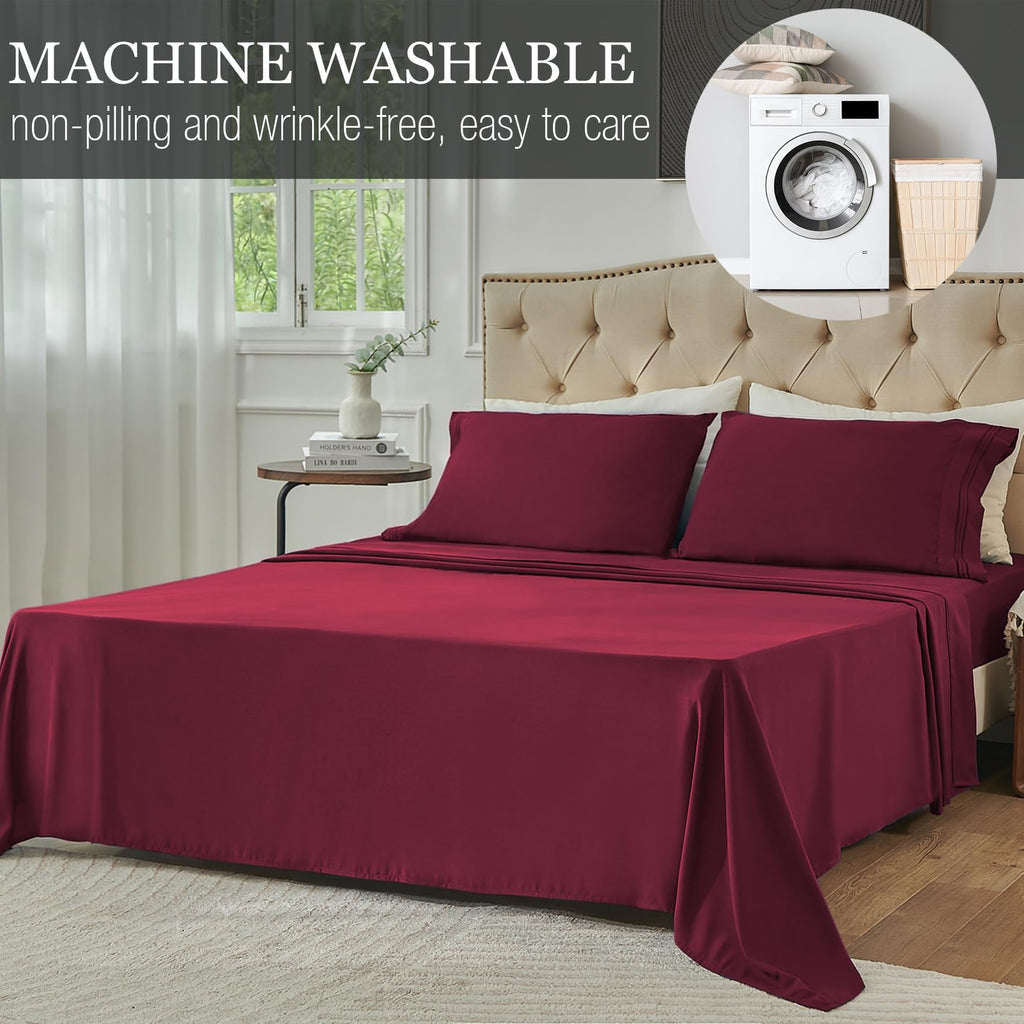 Yibeizi Queen Sheet Set Cooling Sheets Deep Pocket Queen Size Bed Sheets Set, Red Soft Microfiber Oeko-Tex Sheets & Pillowcases Hypoallergenic Wrinkle Free Bedsheets