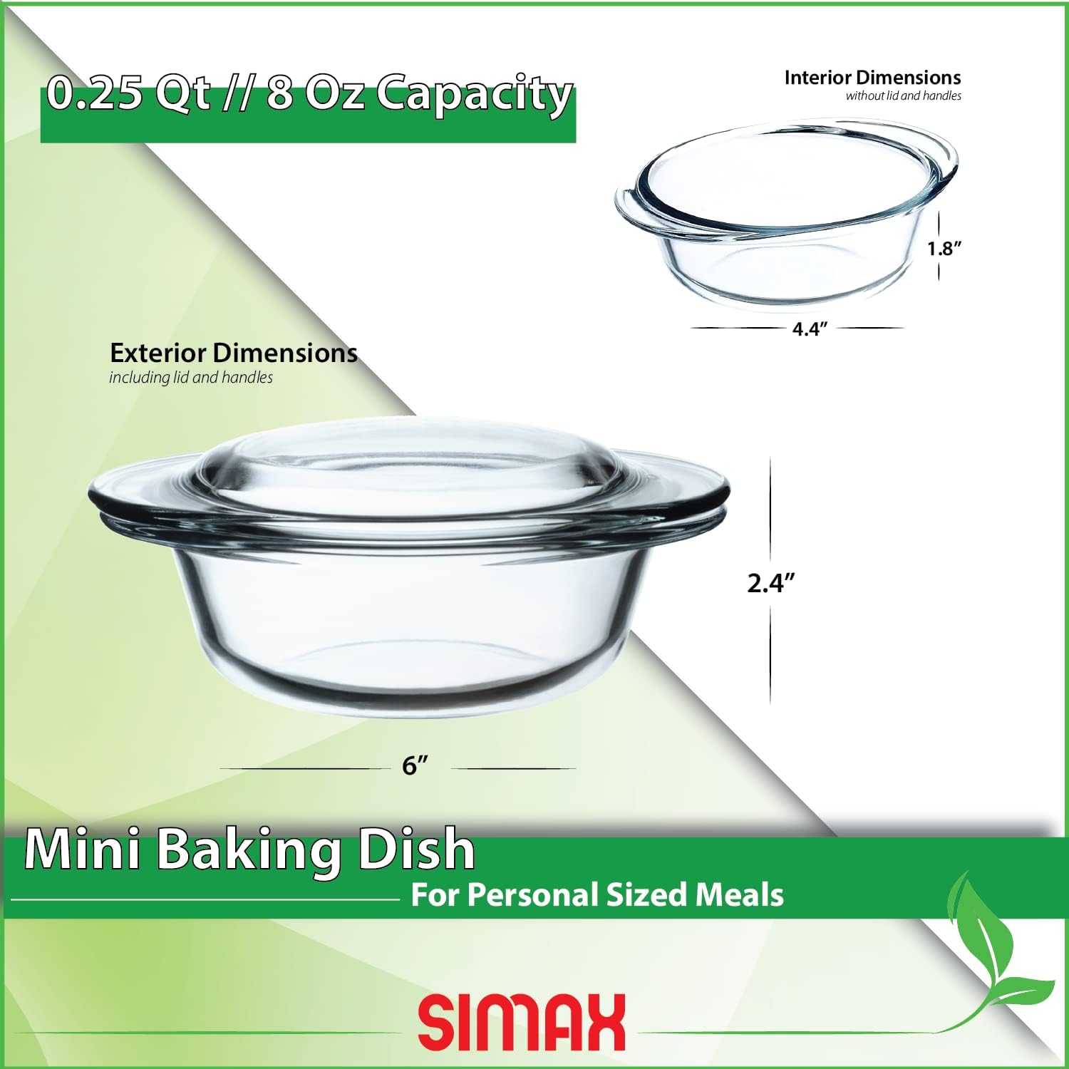 Simax Mini Glass Casserole Dish - 6.4 Oz Oven to Table Serving Dish | Microwave & Dishwasher Safe