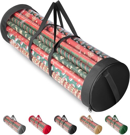BALEINE Gift Wrapping Paper Organizer - Clear PVC & Durable 600D Oxford Fabric, Holds 18-25 Rolls, Black