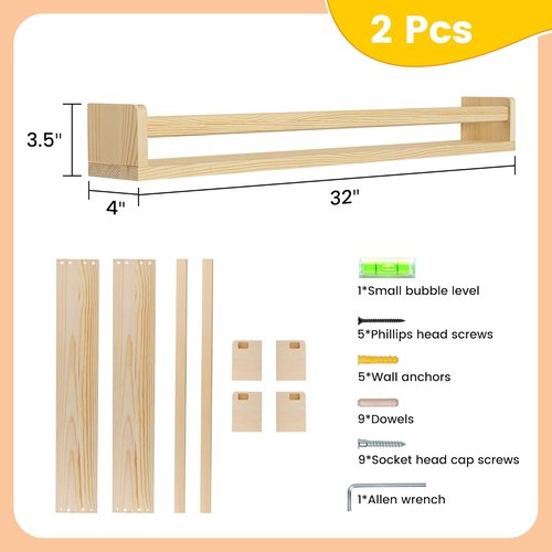 Fun Memories Nursery Book Shelves - Rustic Solid Wood Floating Bookshelf for Kids - 32-Inch Natural Wall Shelves (Set of 2)
