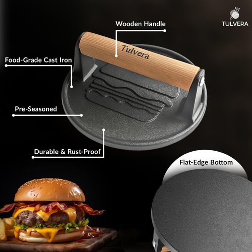 Tulvera Smash Burger Press | Cast Iron Hamburger Smasher Tool | Flat-Edge Meat Press for Hamburgers, Bacon, Outdoor Kitchen | Griddle & Grilling Accessories | Pre-Seasoned | 6.1”