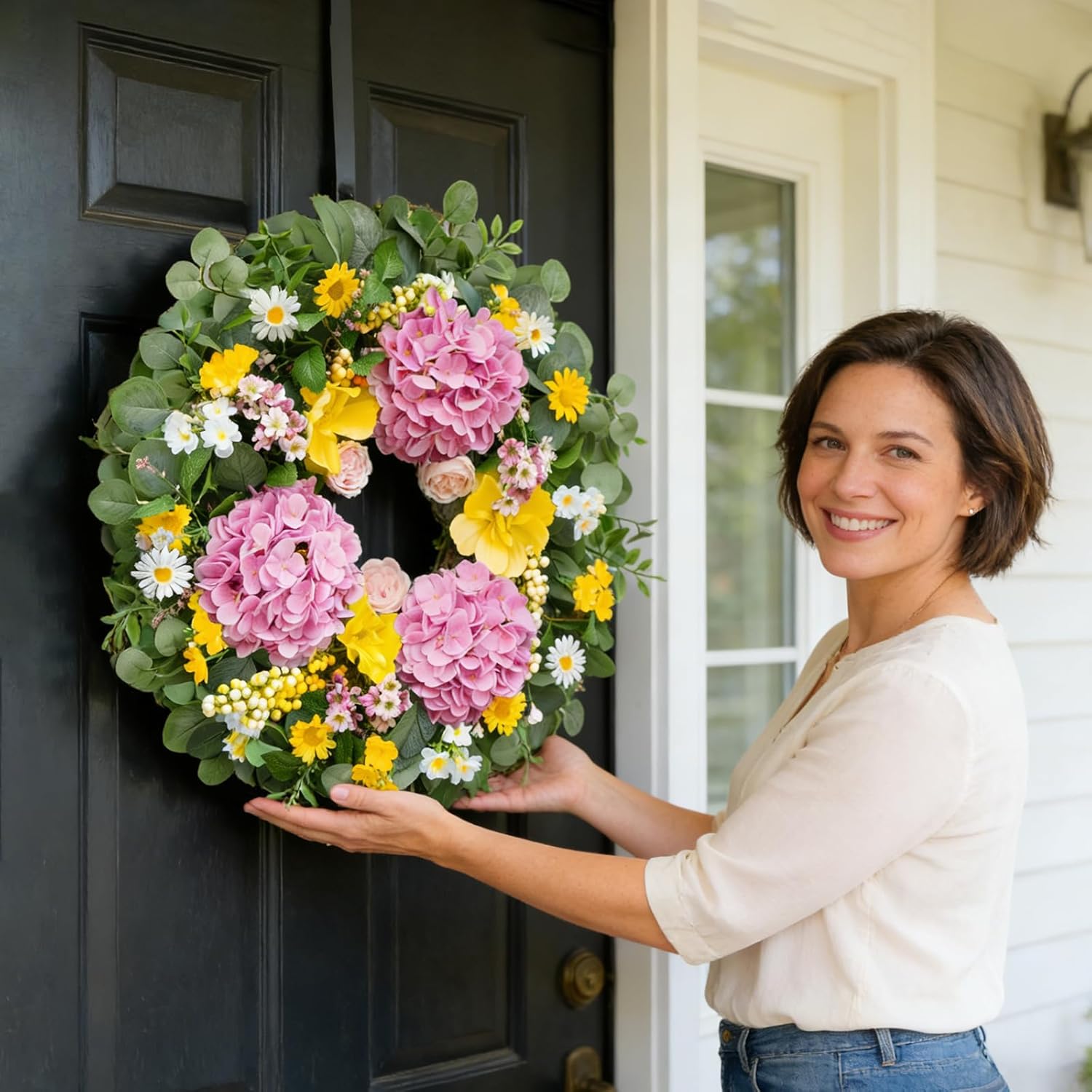 Vibrant Hydrangea & Rose Wreath by [Brand Name] - 24 Inch Summer Floral Decor for Front Door & Porch