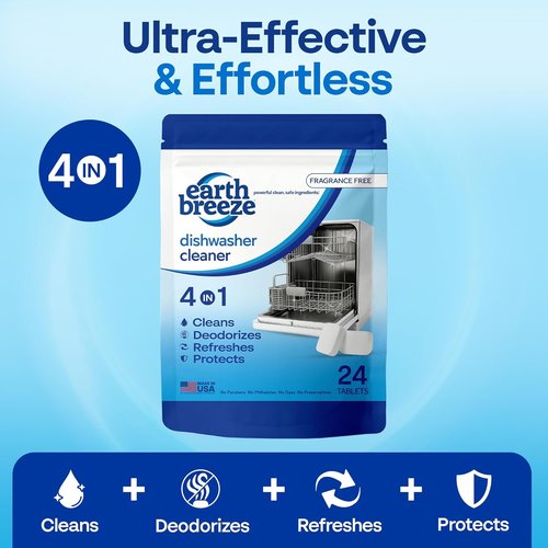 Earth Breeze Dishwasher Cleaner Tablets - 4-in-1 Formula Cleans, Deodorizes & Protects | Fragrance-Free, Safe for All Dishwashers