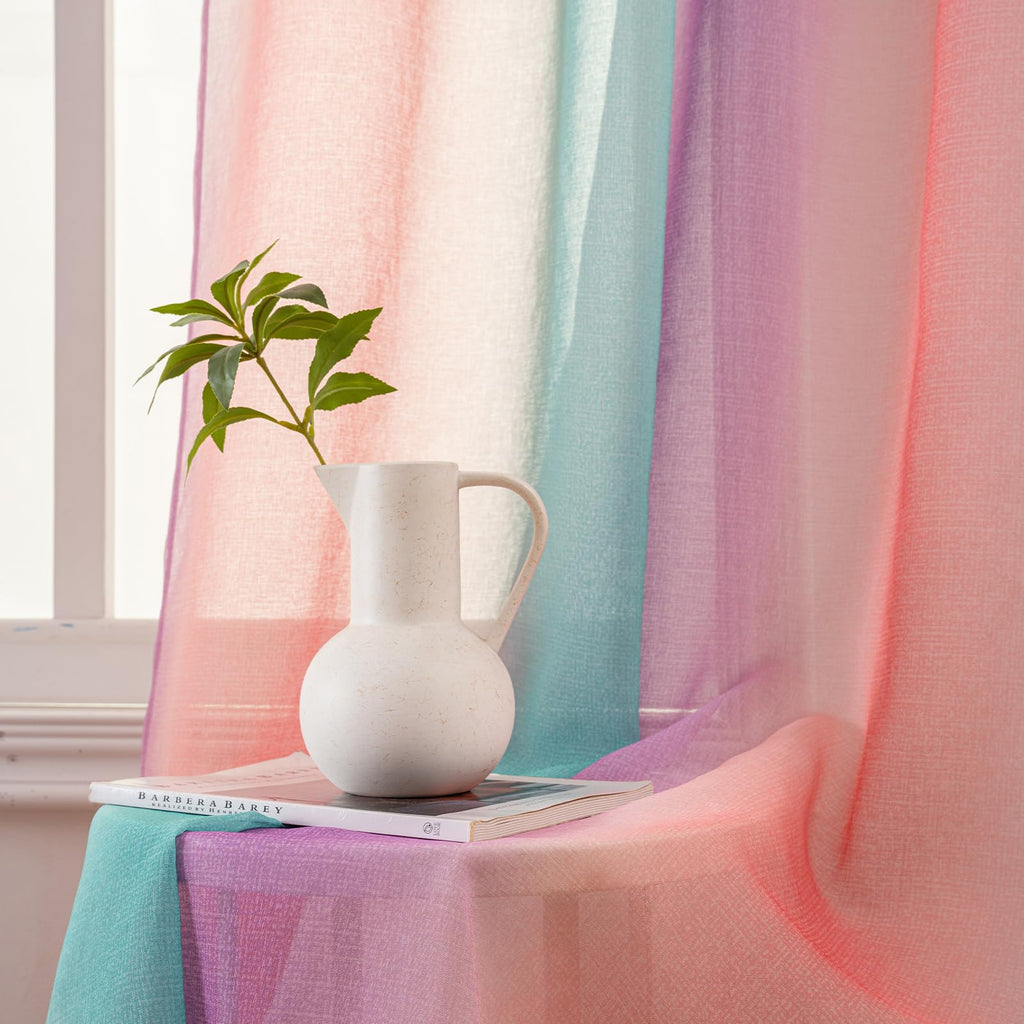 Yancorp Sheer Curtain 2 Panels Semi Bedroom Curtains 63 inches Length Linen Ombre Curtains Rod Pocket Drapes Girls Living Room Mermaid Bedroom Nursery Kids Window Decor(Green Pink Purple, 52"x63")