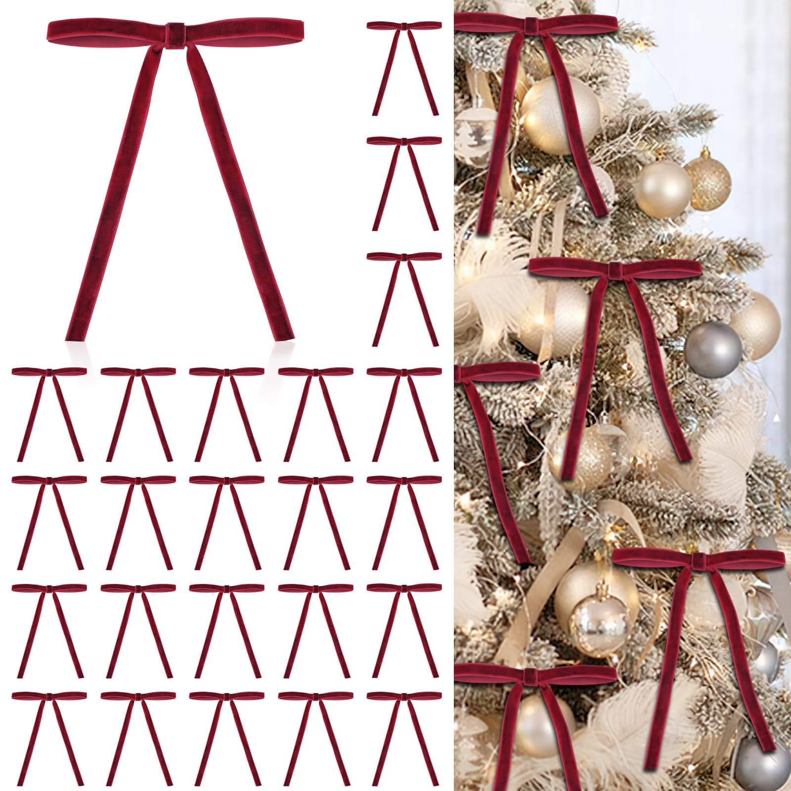 24 Pcs Red Velvet Christmas Ornaments, Rustic Velvet Bows for Christmas Tree, 5x7 Inch Pre-Tied Vintage Xmas Bows for Wreaths, Gifts and Holiday Home Décor, Ribbon Bows for Garland (3/8")