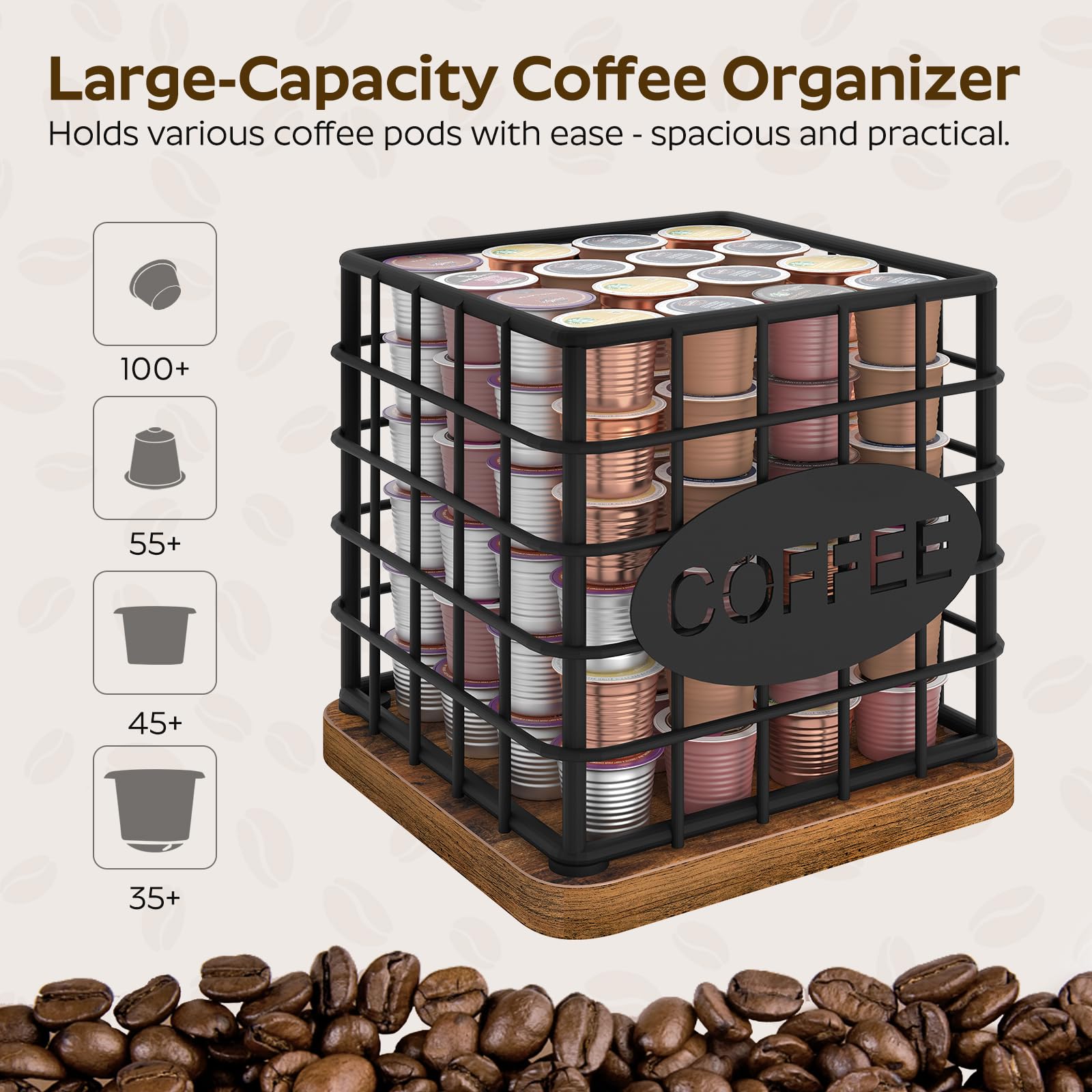 YATINEY Coffee Pod Holder for K Cup, Large Capacity Coffee Pod Organizer, Versatile Coffee Capsule Storage Basket with Wooden Base, Rustic Brown KH10BR