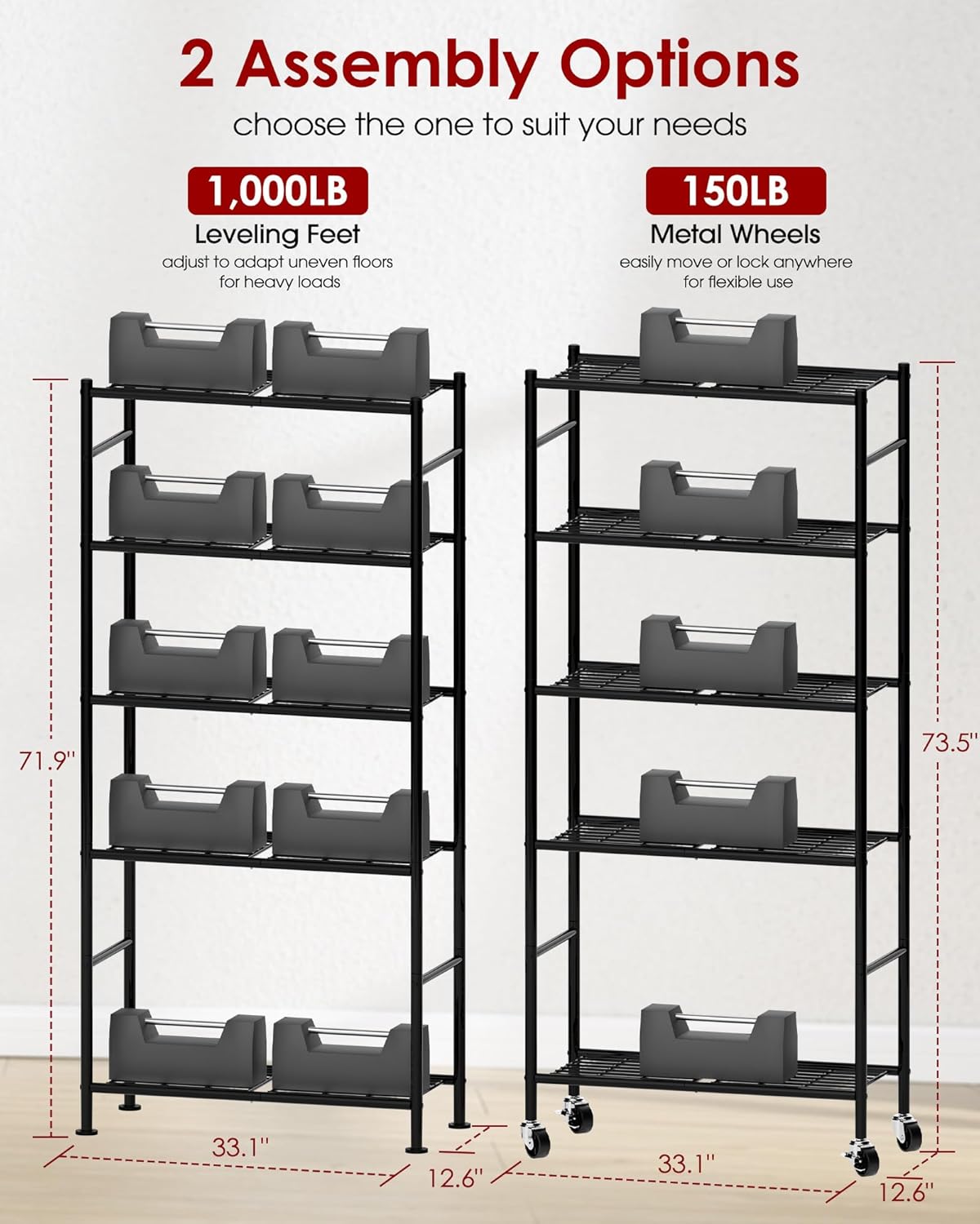 Sakugi 5-Tier Metal Storage Shelves Organizer - Heavy-Duty Rolling Shelf for Kitchen, Pantry & Closet | 33.1"x12.6"x73.5", Black