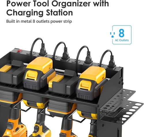 CCCEI Modular Power Tool Organizer - Wall Mount Charging Station for 8 Cordless Drills | Black Utility Rack with Hooks