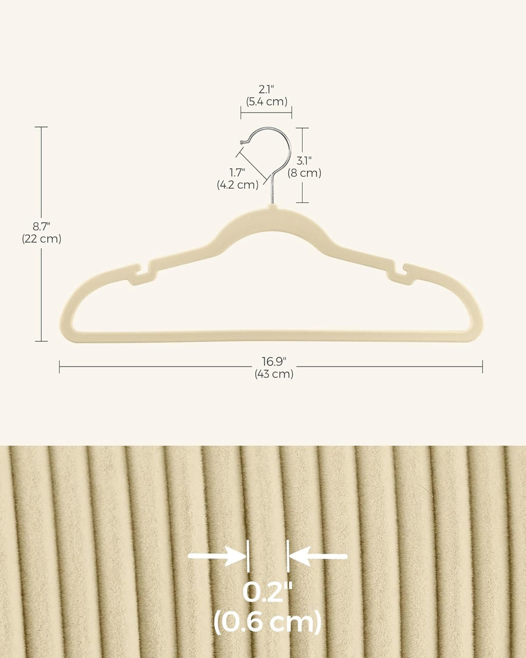 SONGMICS Velvet Hangers - 50 Pack Non-Slip Suit Hangers with Shoulder Notches & 360° Swivel Hook - Sand Beige