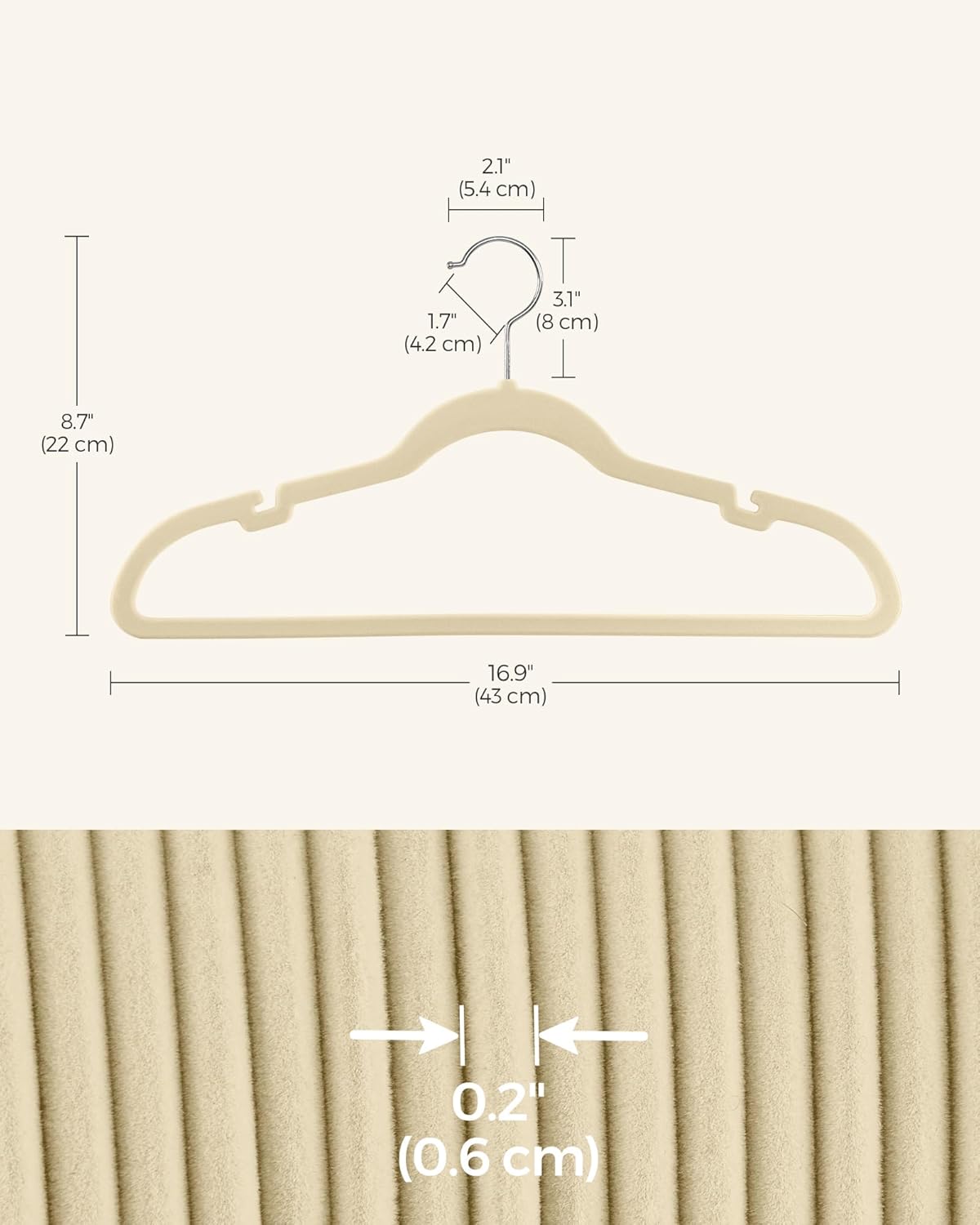 SONGMICS Velvet Hangers - 50 Pack Non-Slip Suit Hangers with Shoulder Notches & 360° Swivel Hook - Sand Beige