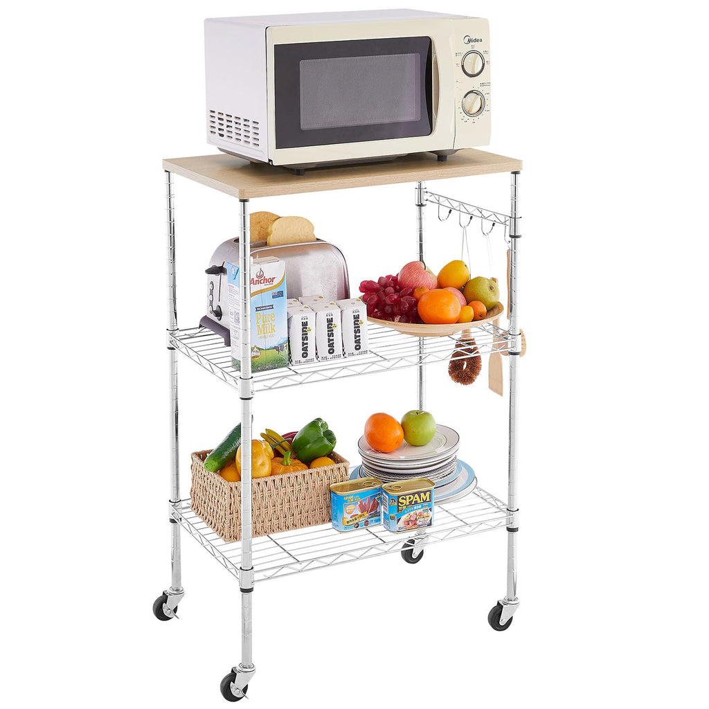 BolDuck 450Lbs Capacity Microwave Cart with Wheels, 3 Tier Rolling Cart with Adjustable Shelves, Multifunctional Metal Utility Storage Kitchen Carts on Wheels, 23.6" L*15.7" W*37" H, Wood+Chrome