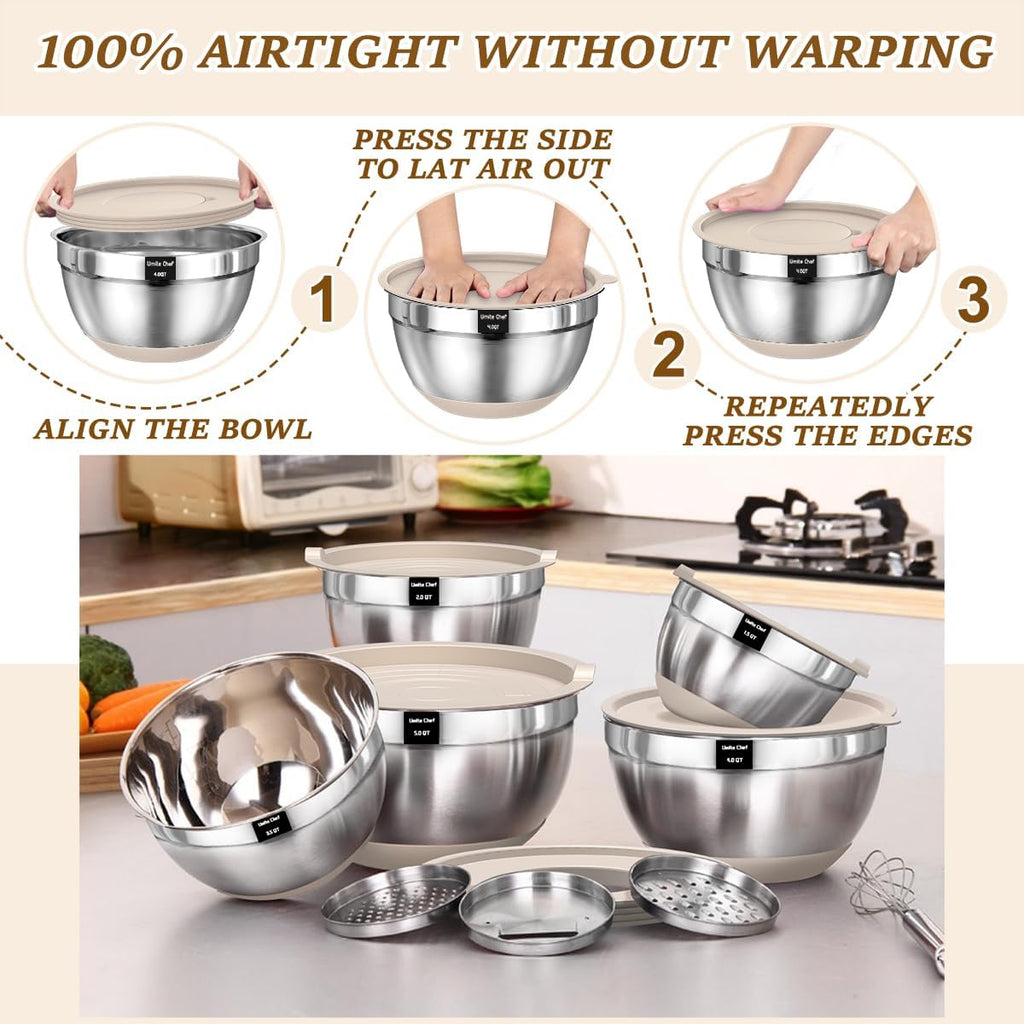 Umite Chef Mixing Bowls Set - 8PCS Stainless Steel Nesting Bowls with Airtight Lids & Grater | Non-Slip Bottoms, Khaki, 1.5QT to 5QT
