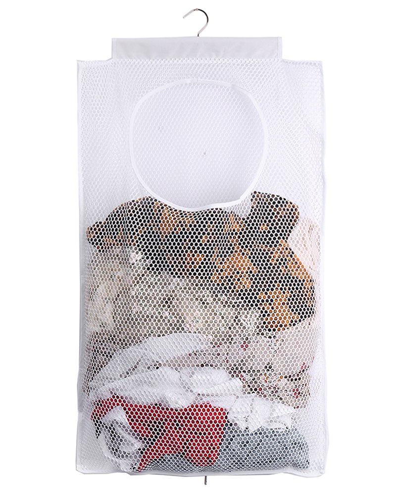 ALYER Breathable Mesh Laundry Hamper,Foldable Hanging Closet Storage Basket,Portable Space Saving Dirty Clothes Bag (White)