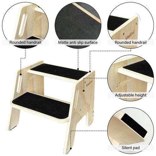 Wooden 2-Step Stool for Kids, Portable Step Stool with Handles & Non-Slip Pads, Natural Toddler Stepingstool for Kitchen, Bathroom, Bedroom, and Sink Use