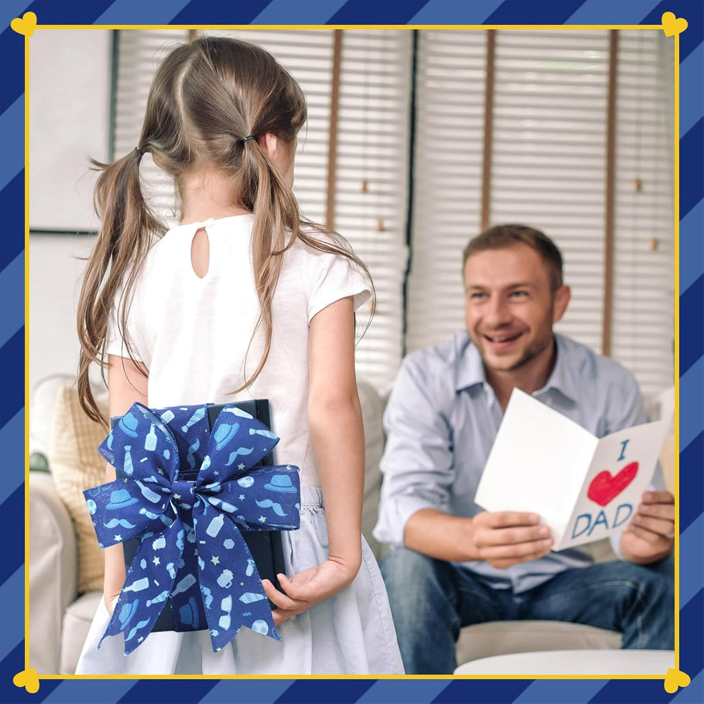 Skiennix 30 Yards Wired Edge Ribbon - Blue Tie Hat Pattern for Father's Day Crafts & Gifts