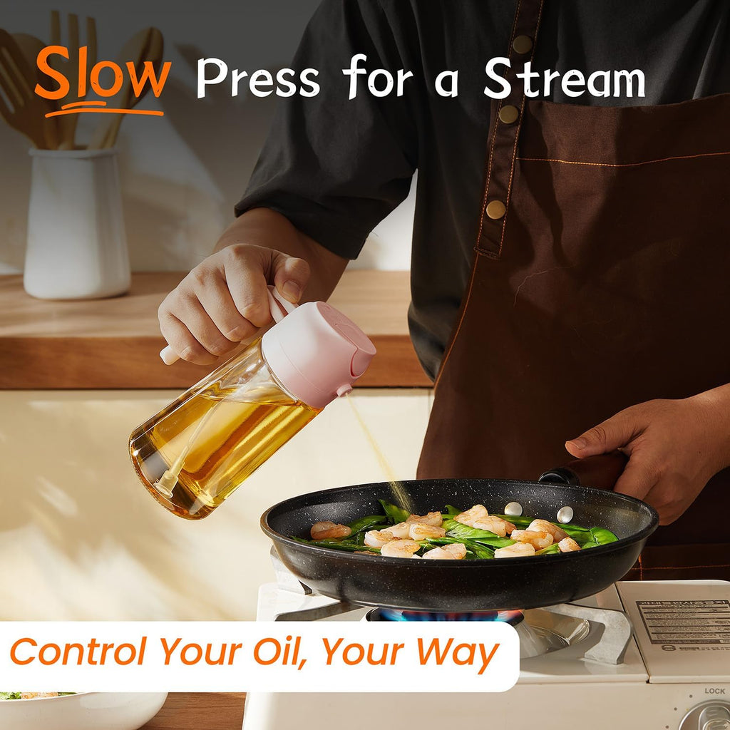 TrendPlain 16oz Glass Olive Oil Sprayer - 2-in-1 Dispenser for Cooking, Air Fryer & BBQ | Peach Color