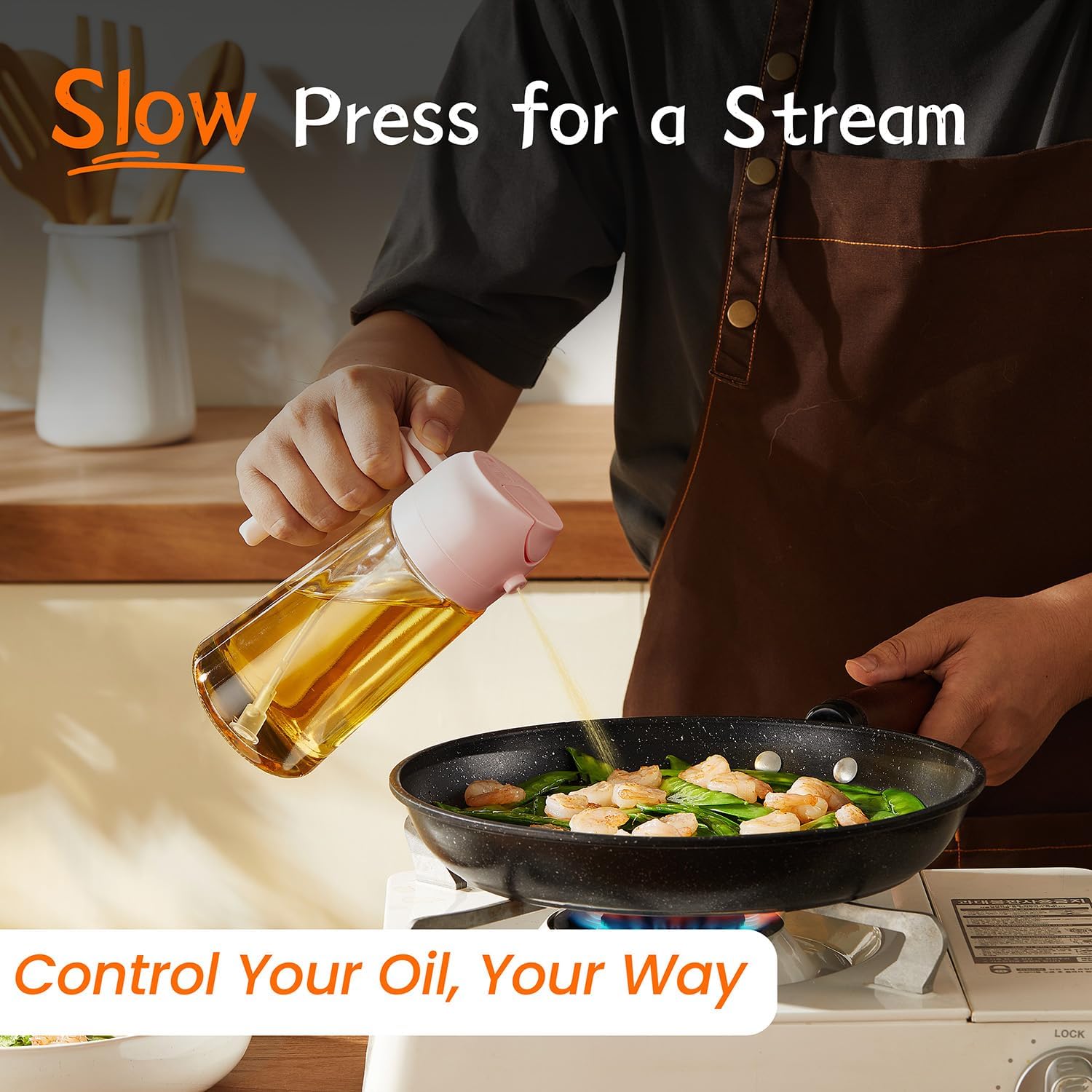 TrendPlain 16oz Glass Olive Oil Sprayer - 2-in-1 Dispenser for Cooking, Air Fryer & BBQ | Peach Color