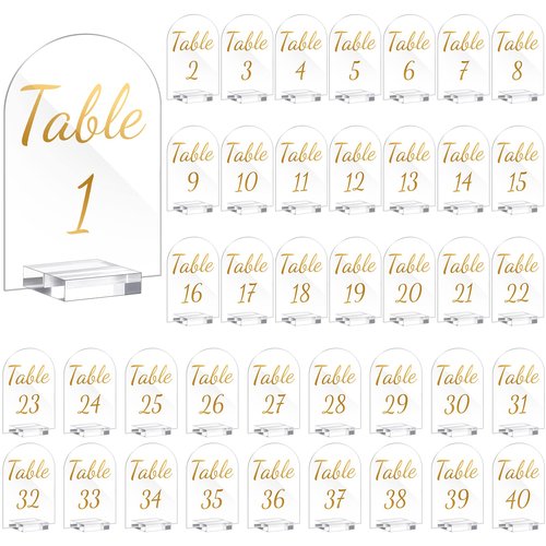 Qunclay 40 Pack 4 x 6 Inch Gold Acrylic Wedding Table Number 1-40 Clear Table Stand with Numbers Calligraphy Number Holders Signs for Wedding Reception Birthday Party Decorations