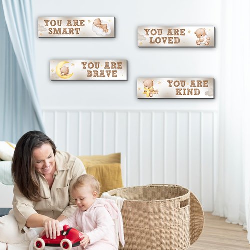 Bear Nursery Wall Decor,Wooden Bear Wall Art for Baby Boy,4PCS Cute Boy Room Decor for Nursery Themes Bathroom Living Room Classroom Home Decoration,Perfect Gifts for Birthday Baby Shower