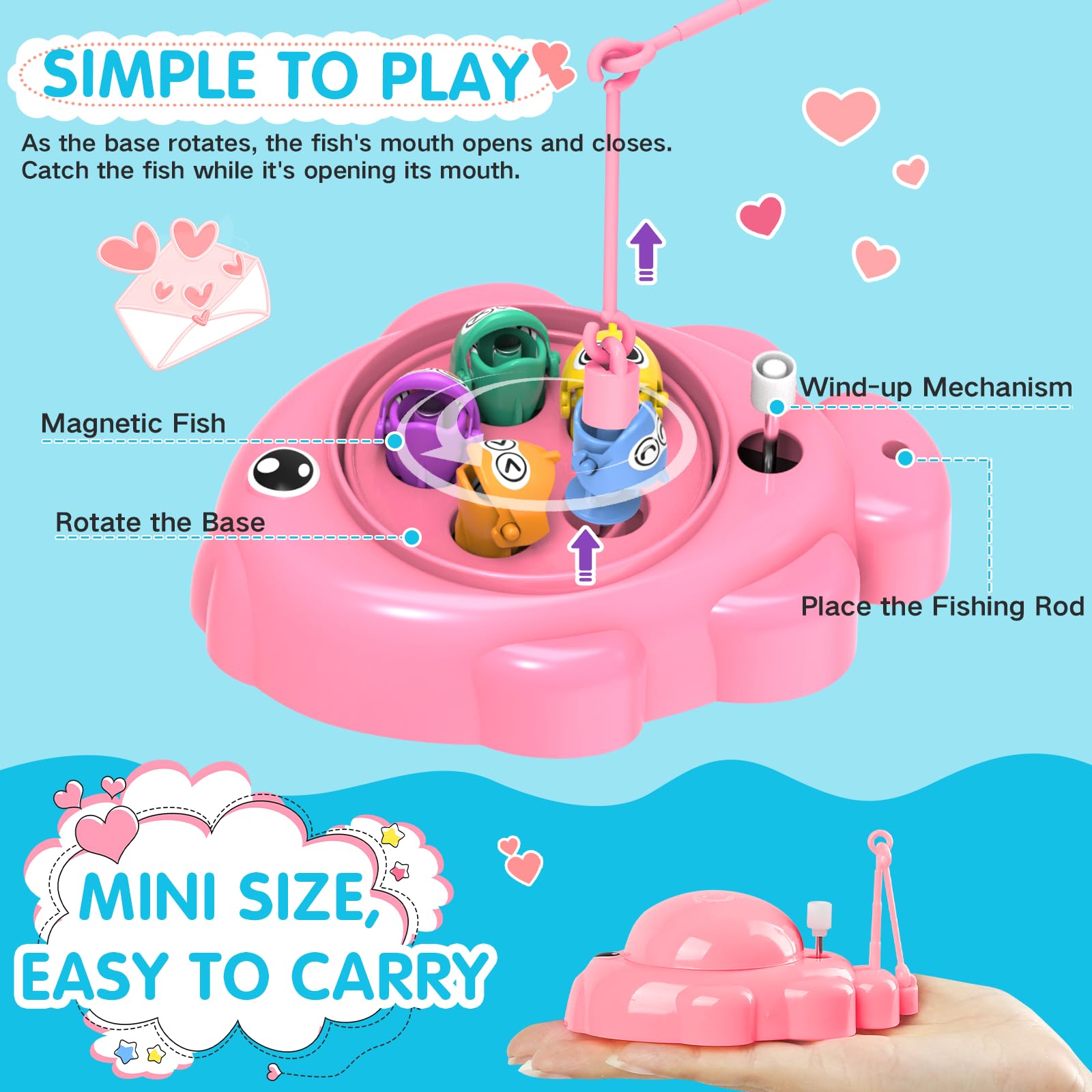 Valentines Day Gifts for Kids, 28Pcs Magnetic Fishing Game with Gift Cards Box, Wind-Up Fishing Toys with 360° Rotation for Girls Boys Ages 3-8 Valentines Party Favors Classroom School Exchange Prize