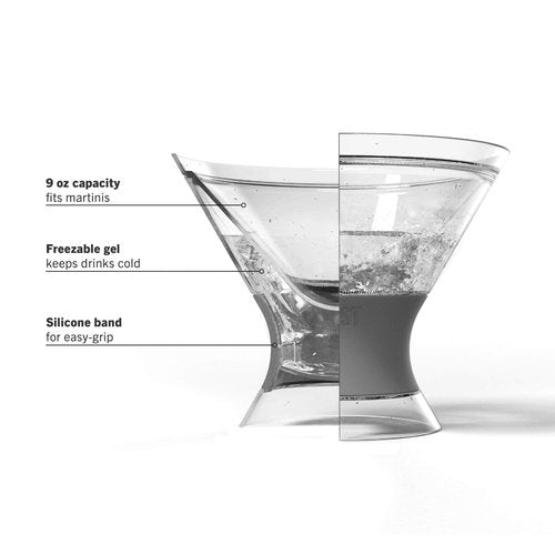 Host Freeze Insulated Martini Glasses Set of 4, Plastic Freezer Gel Chiller Double Wall Stemless Coupe and Cocktail Glass, 9 oz, Grey