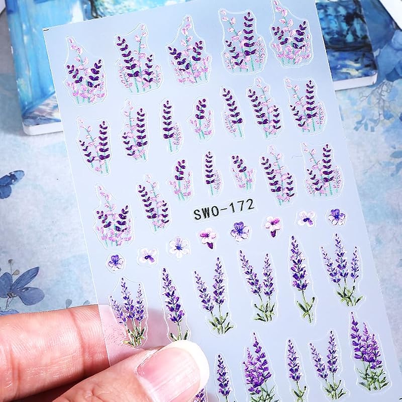 Guroenky 5D Embossed Lavender Nail Art Stickers Self-Adhesive Floral Decals