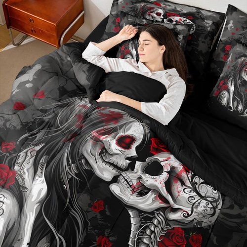 Erosebridal Valentine Gothic Skull Couple Queen Comforter Set with Sheets 7 Piece Red Rose Valentine Day Skeleton Bones Bed in A Bag Sugar Skull Bedding Sets for Kids Adults,Goth Halloween Bed Set