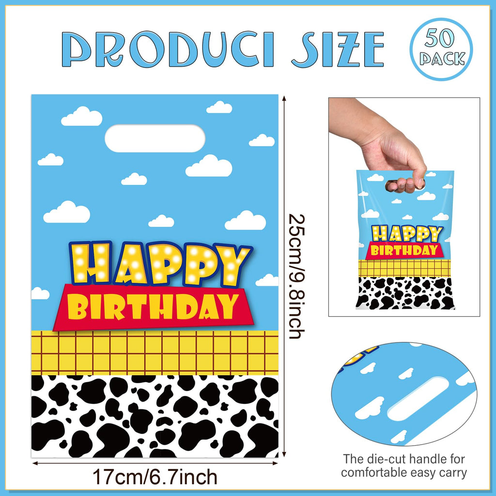 Ragnhild 50 Pcs Cartoon Story Birthday Party Favor Bags, Cow Pattern Goodie Treat Bags Party Supplies, Blue Sky White Cloud Plastic Candy Gift Bag with Handle for Kids Birthday Decorations