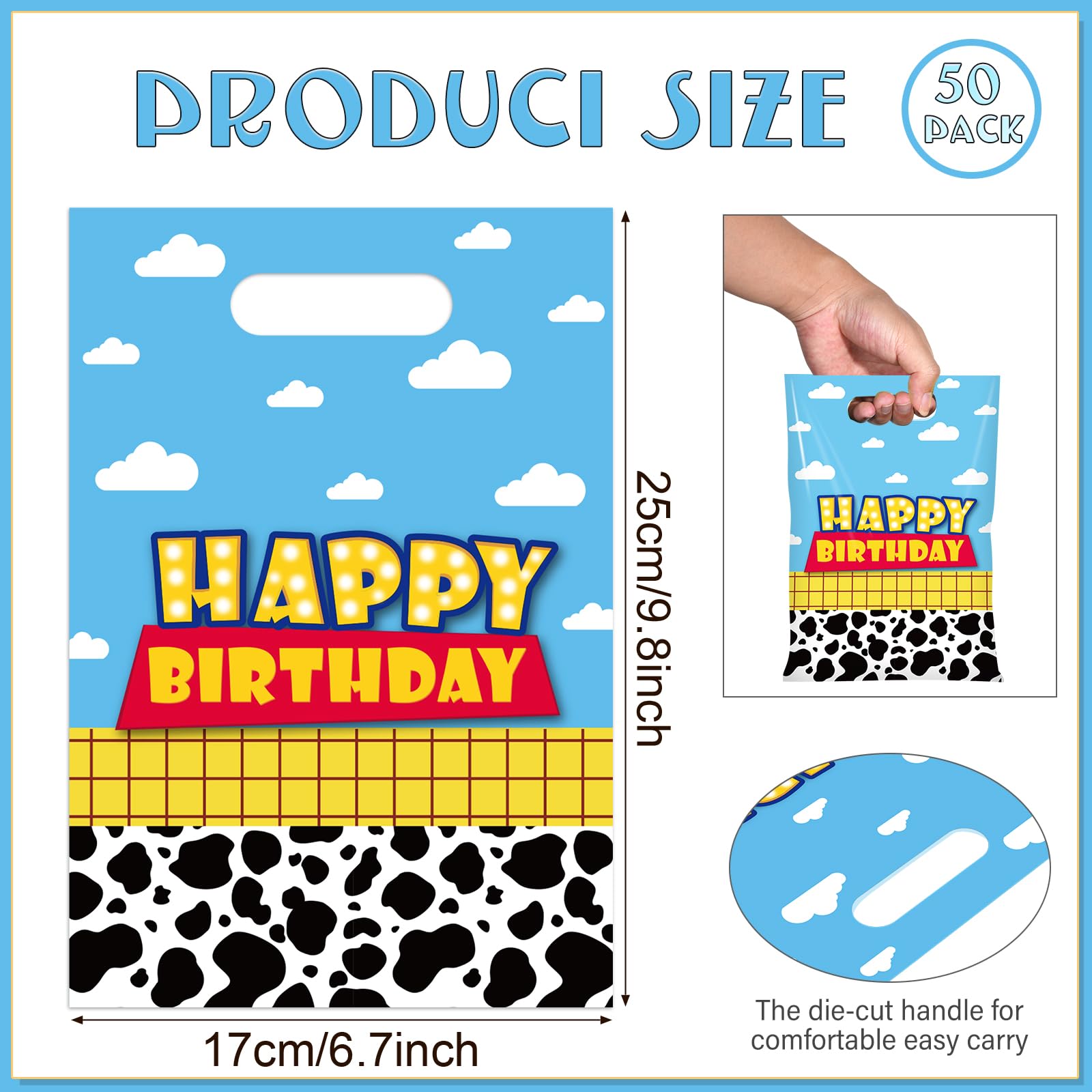 Ragnhild 50 Pcs Cartoon Story Birthday Party Favor Bags, Cow Pattern Goodie Treat Bags Party Supplies, Blue Sky White Cloud Plastic Candy Gift Bag with Handle for Kids Birthday Decorations