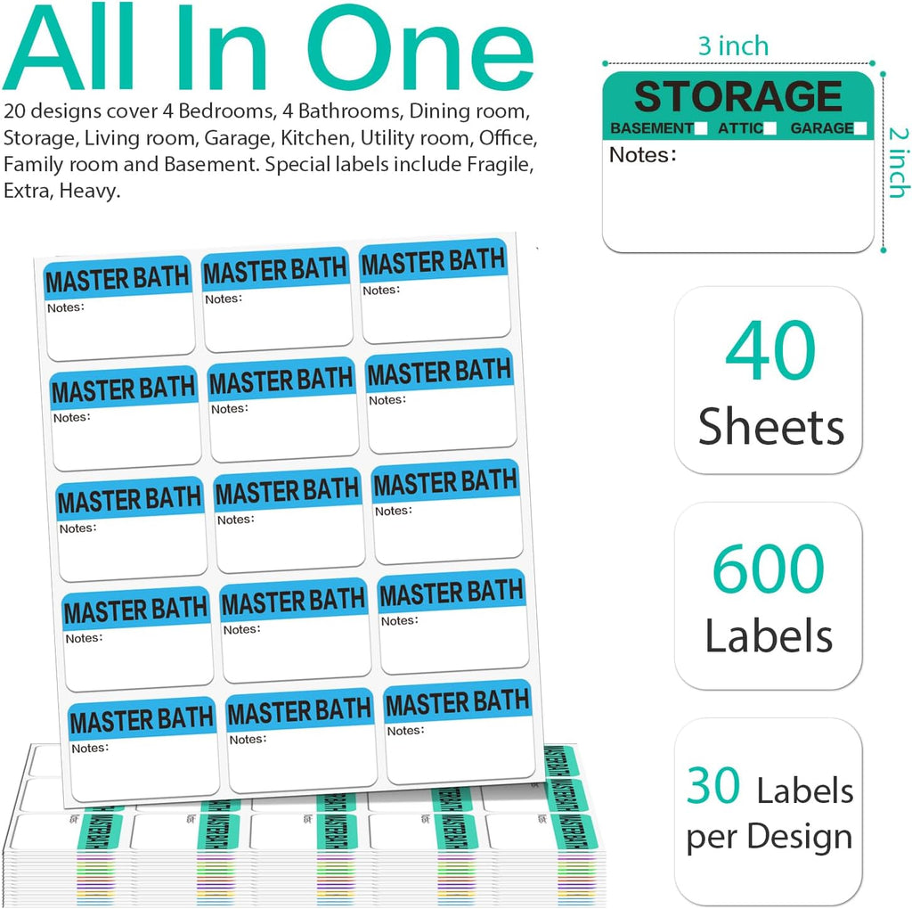 Regine Switzerland 600 Count Moving Packing Box Labels - Color Coded & Writable for 3-4 Bedroom Homes