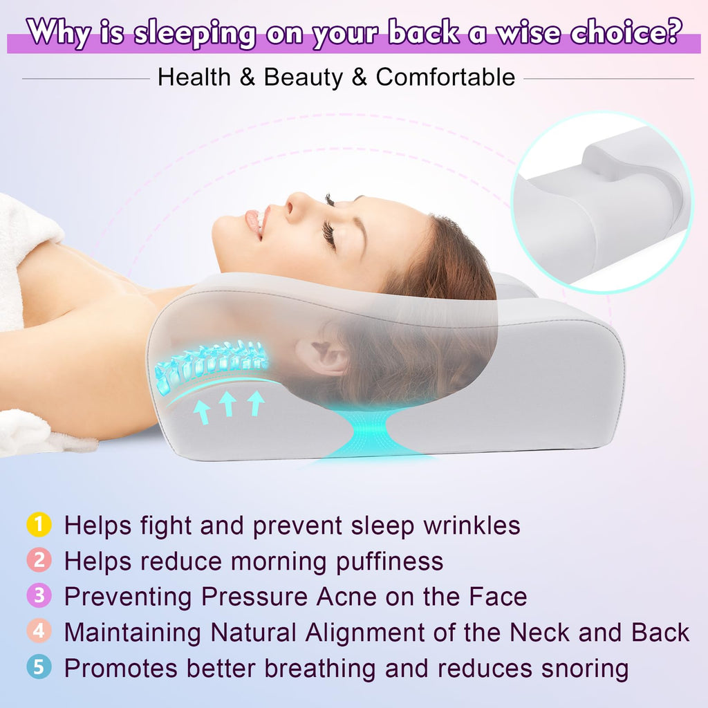 Anti Wrinkle Ergonomic Back Sleep Training Pillow: Cervical Memory Foam Anti Aging Beauty Pillow for Neck Pain Relief - Contoured Neck & Shoulder Support Flawless Face Pillow with Cooling Pllowcase
