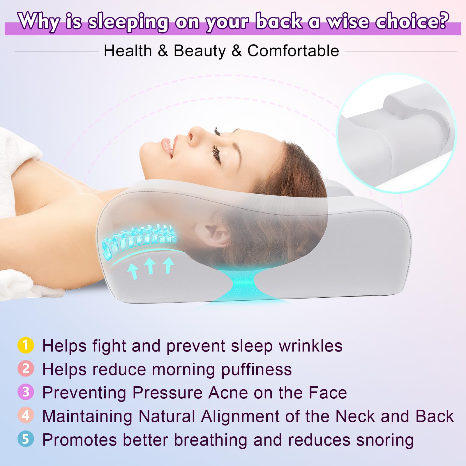 Anti Wrinkle Ergonomic Back Sleep Training Pillow: Cervical Memory Foam Anti Aging Beauty Pillow for Neck Pain Relief - Contoured Neck & Shoulder Support Flawless Face Pillow with Cooling Pllowcase