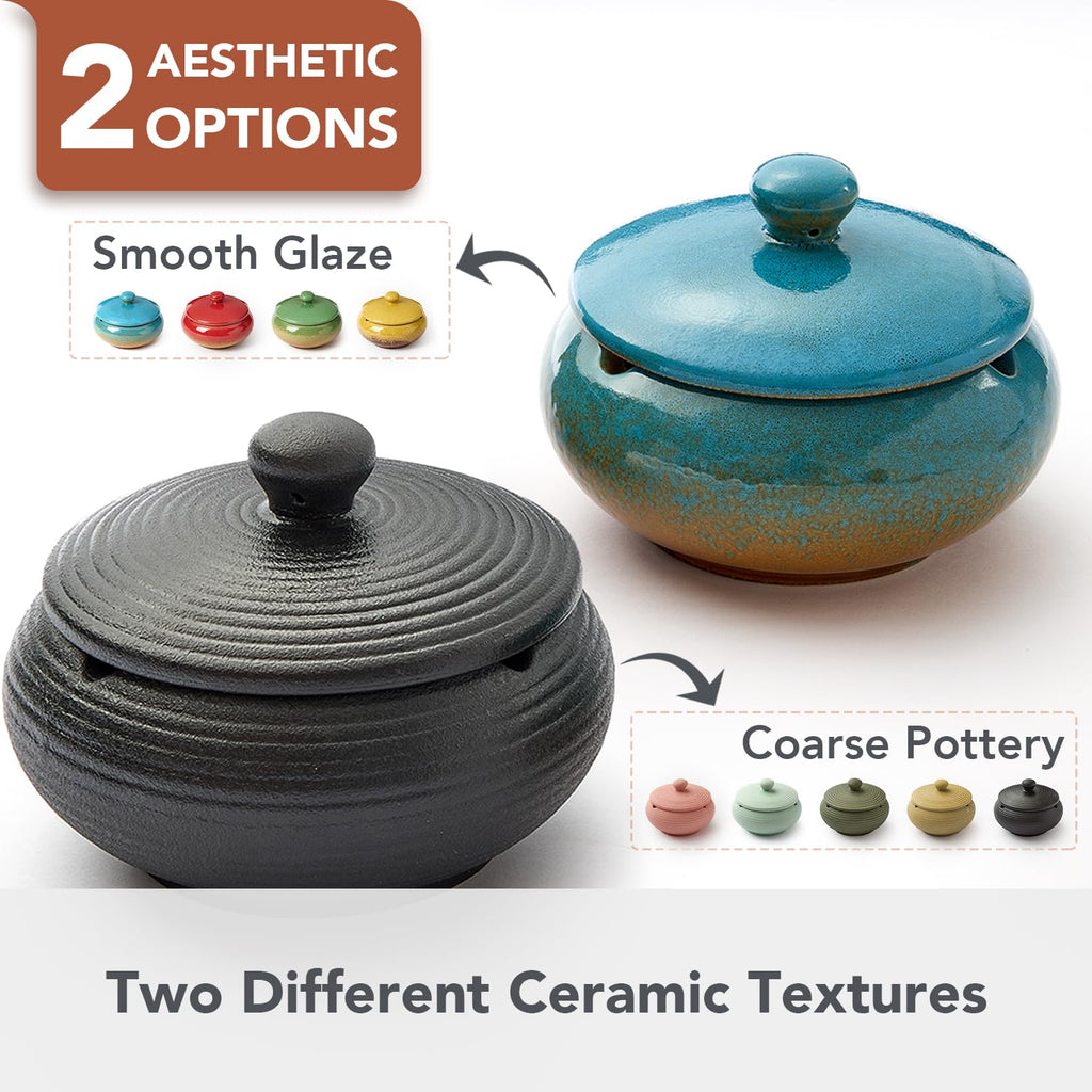 Ashtray with Lid for Outside Patio, Windproof Ash tray, Ceramic Smokeless Ashtray for Outdoor Home Office Tabletop Patio Outdoor Balcony, Blue