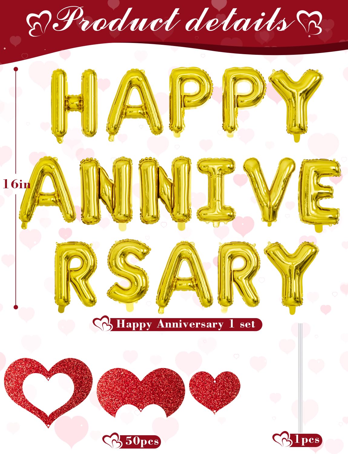 Adeyoo Anniversary Balloons Decorations,Happy Anniversary Banner,Red Heart Shaped Balloons,Large Love Balloon,Rose Petals,Latex Balloon for Romantic Nigh Valentines Day Party Supplies